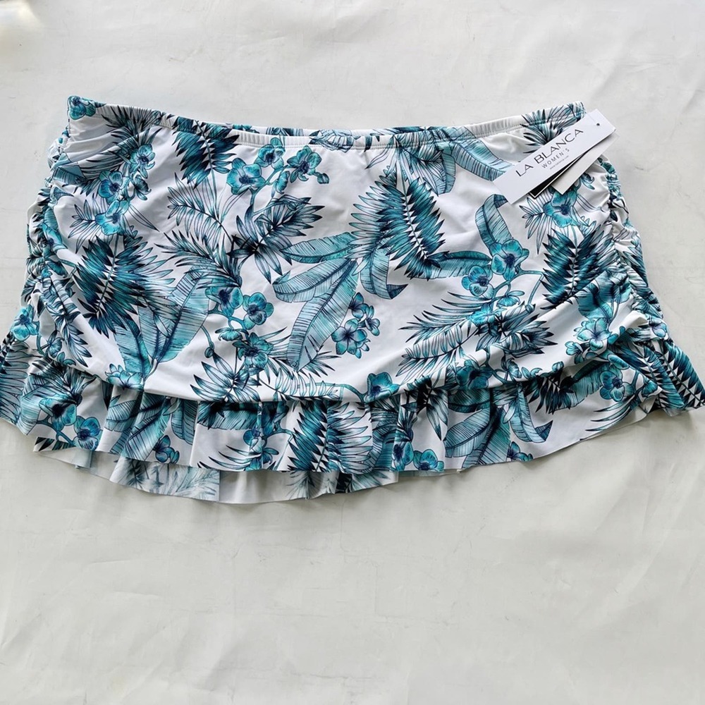 La Blanca Teal and White Floral Ruffle Swim Skirt